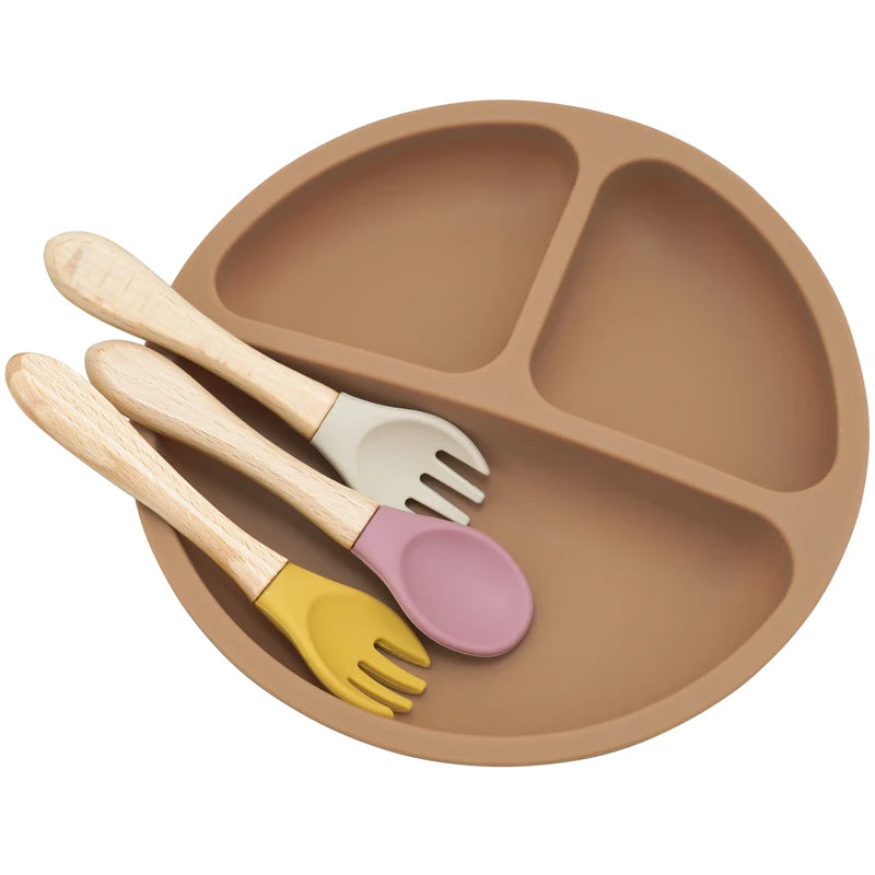 Silicone Baby Spoon & Fork Set - Baby First Stage Utensils for Weaning - Wooden Handle Baby Learning Dishes & Tableware