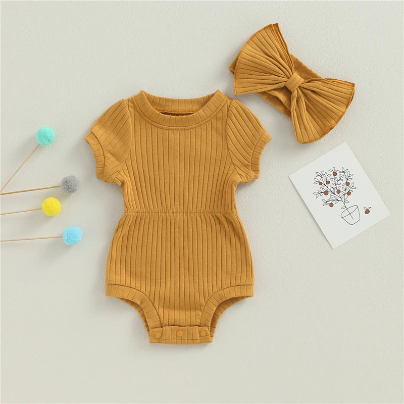Adorable Baby Girls Cotton Romper with Bow Headband Set