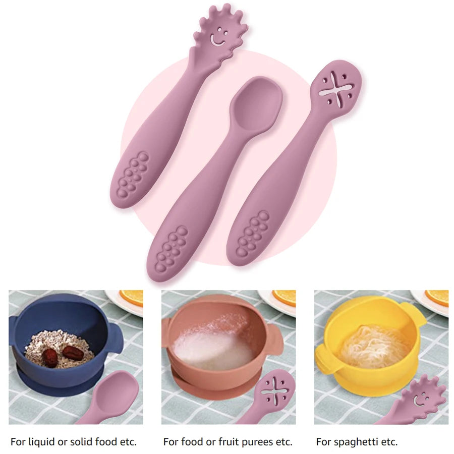 8-Color Silicone 3PCs Baby Spoon Fork Set – Self-Feeding, Baby Utensils, 6 Months and Up