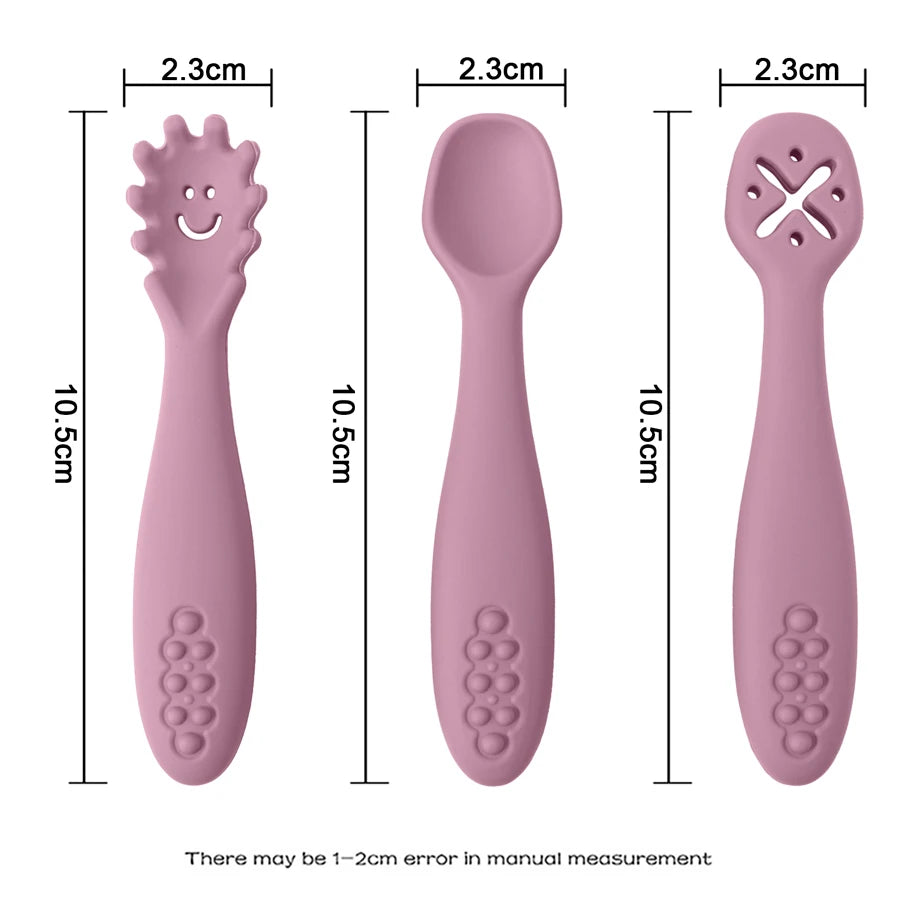 8-Color Silicone 3PCs Baby Spoon Fork Set – Self-Feeding, Baby Utensils, 6 Months and Up