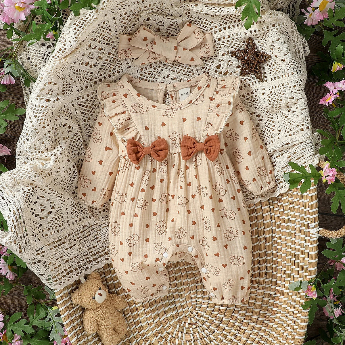 Chic Baby Girl Floral Romper with Headband Set