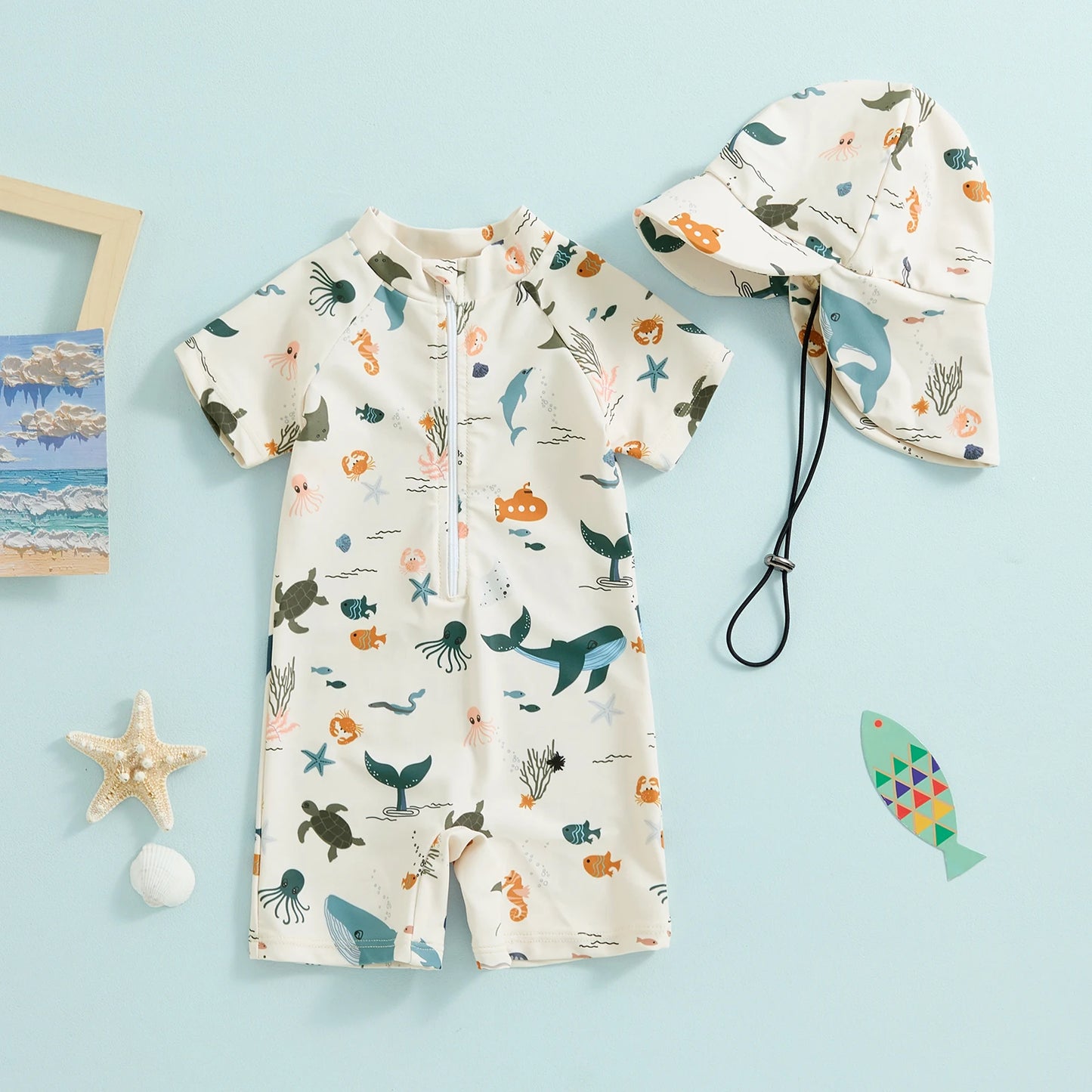 Adorable Infant Baby Boys Swimsuit with Hat Set