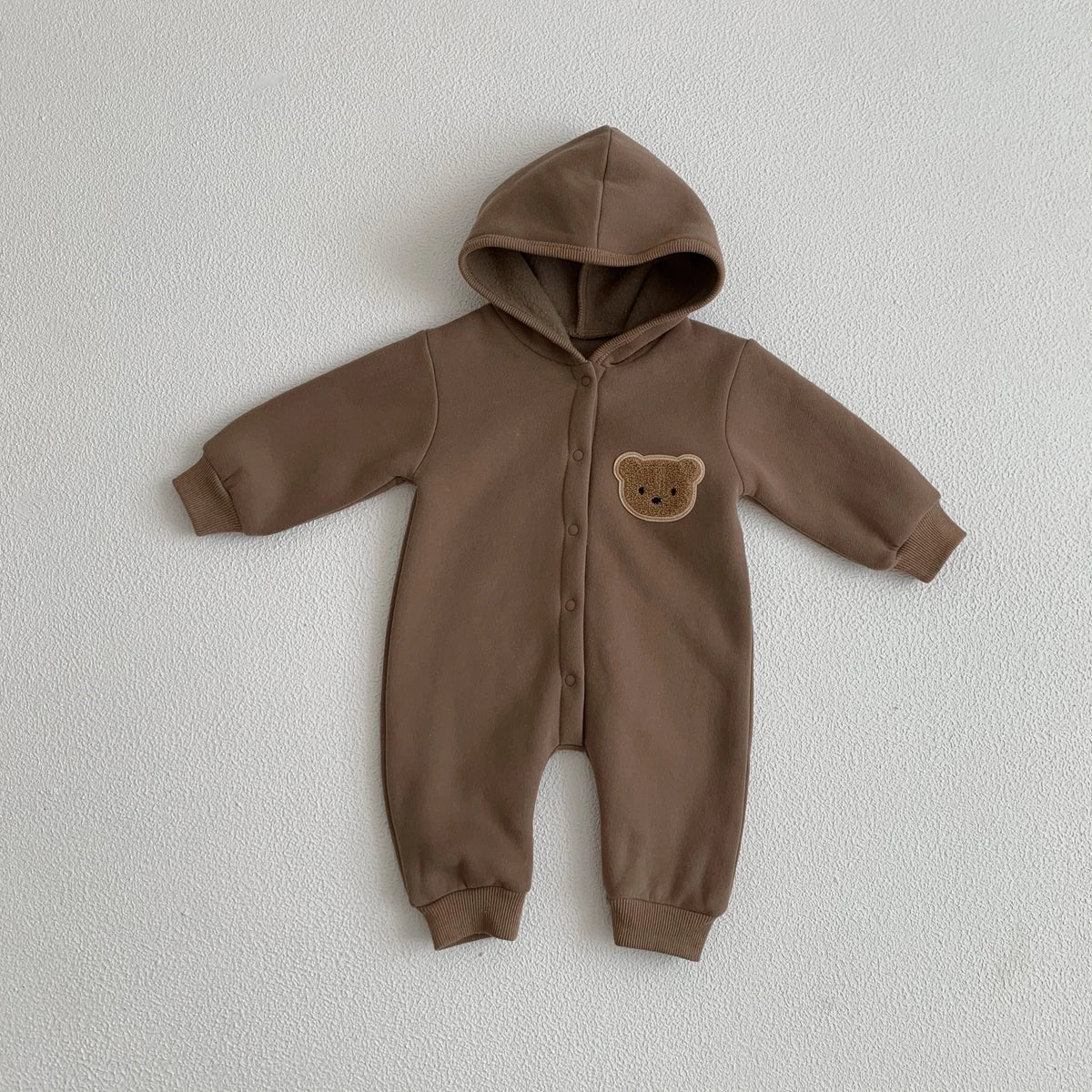 Adorable Baby Fleece Hooded Romper with Bear Patch