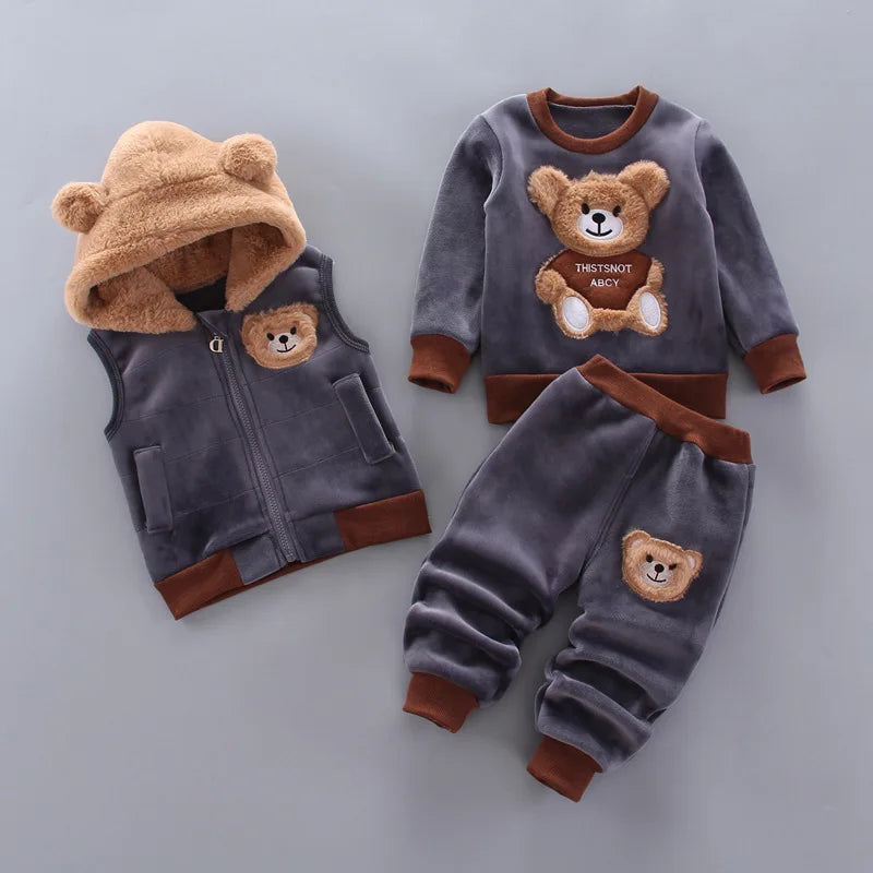 Yellow Autumn Winter Baby Boys Clothes Sets Thick Fleece Cartoon Bear Jacket Vest Pants 3Pcs Cotton Sport Suit For Girls Warm Outfits