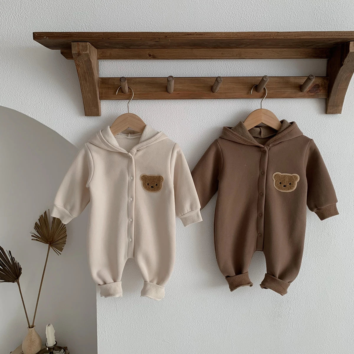 Adorable Baby Fleece Hooded Romper with Bear Patch