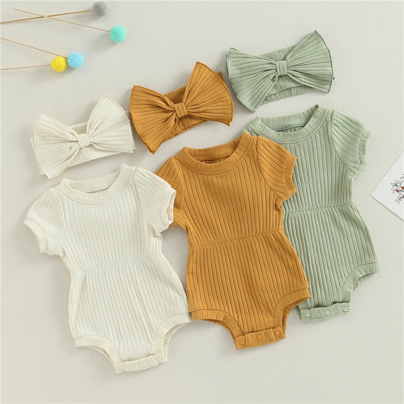 Adorable Baby Girls Cotton Romper with Bow Headband Set
