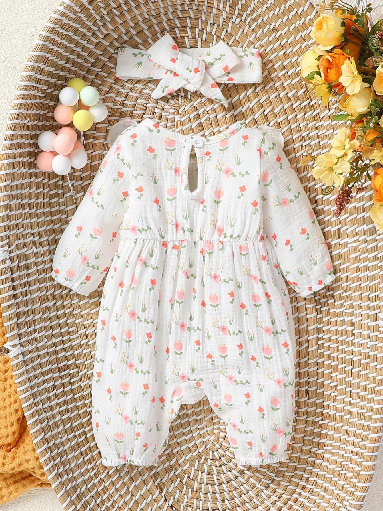 Chic Baby Girl Floral Romper with Headband Set