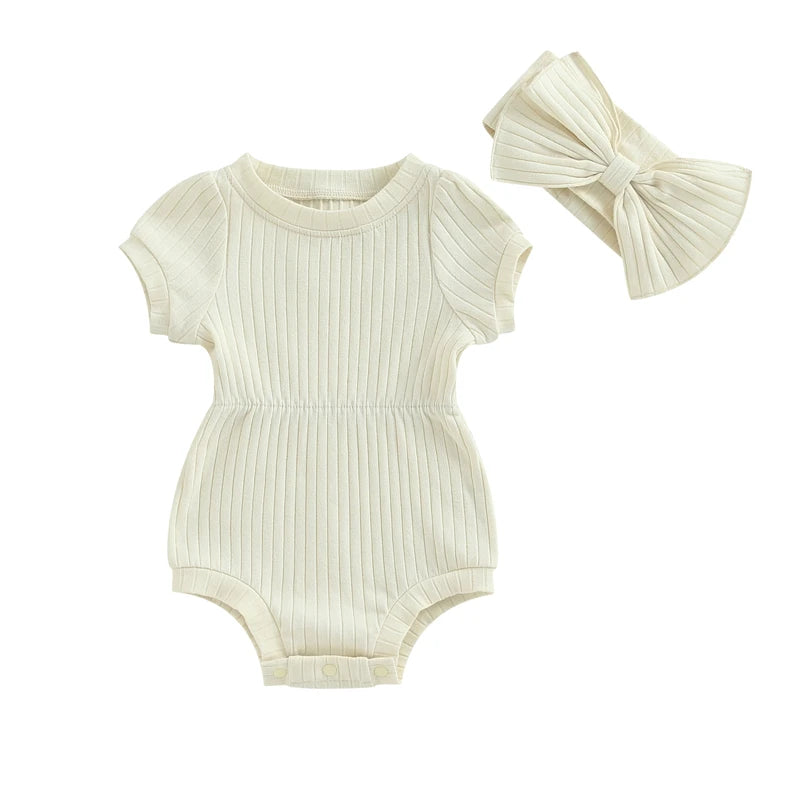 Adorable Baby Girls Cotton Romper with Bow Headband Set