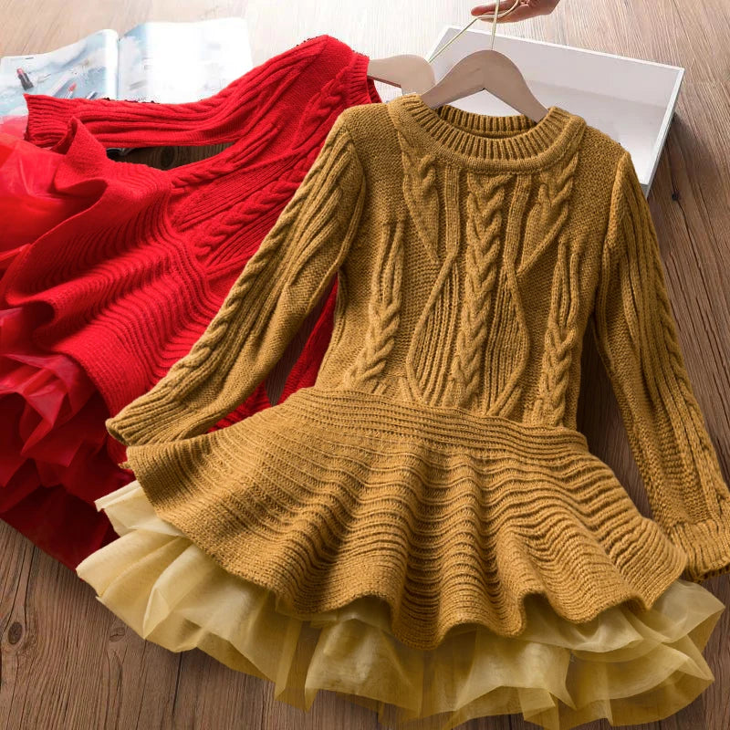 Elegant Baby Girl Red Knitted Dress with Tutu Skirt