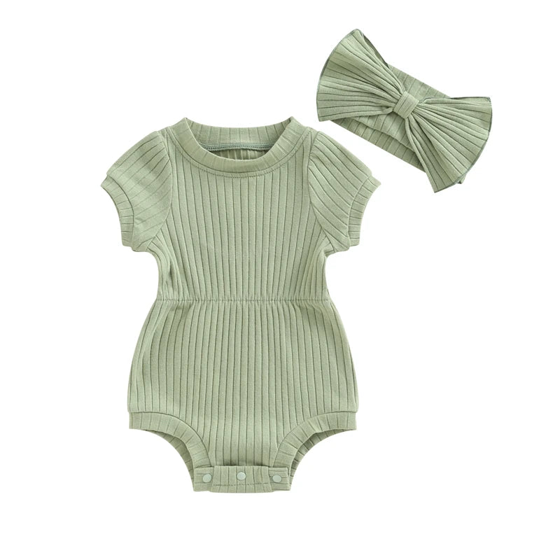 Adorable Baby Girls Cotton Romper with Bow Headband Set