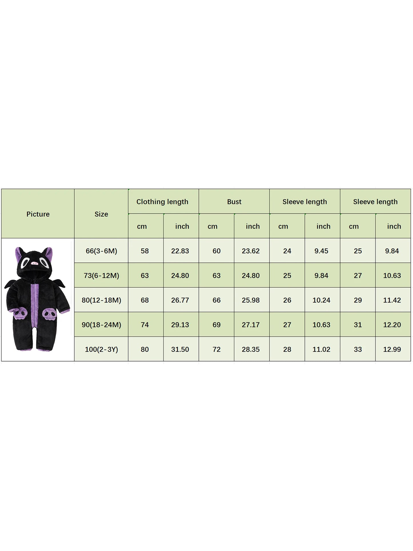 Measurement chart for clothing with a black and purple plush toy on a white background