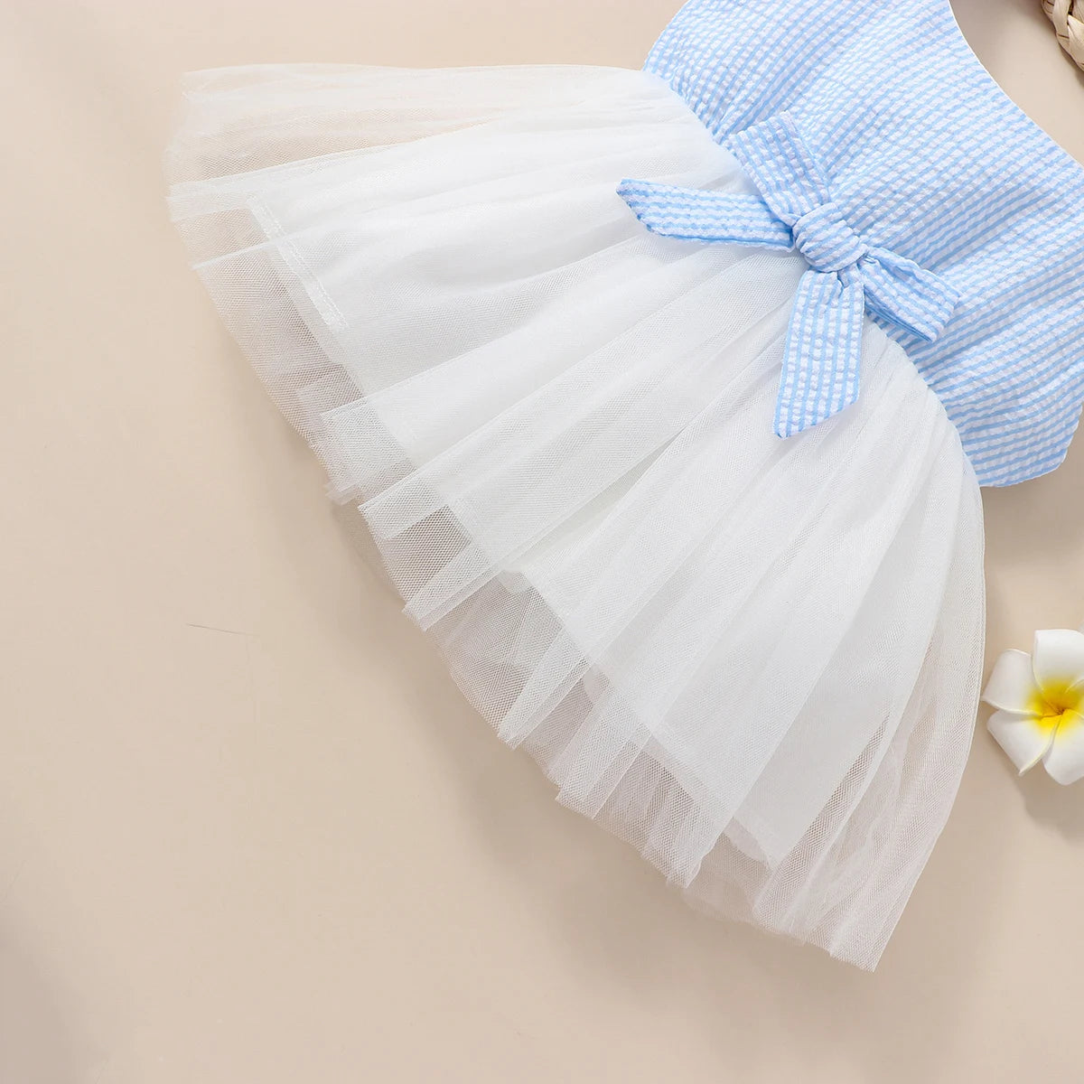 Stylish Girl Blue Striped Dress with Bow Detail for Summer