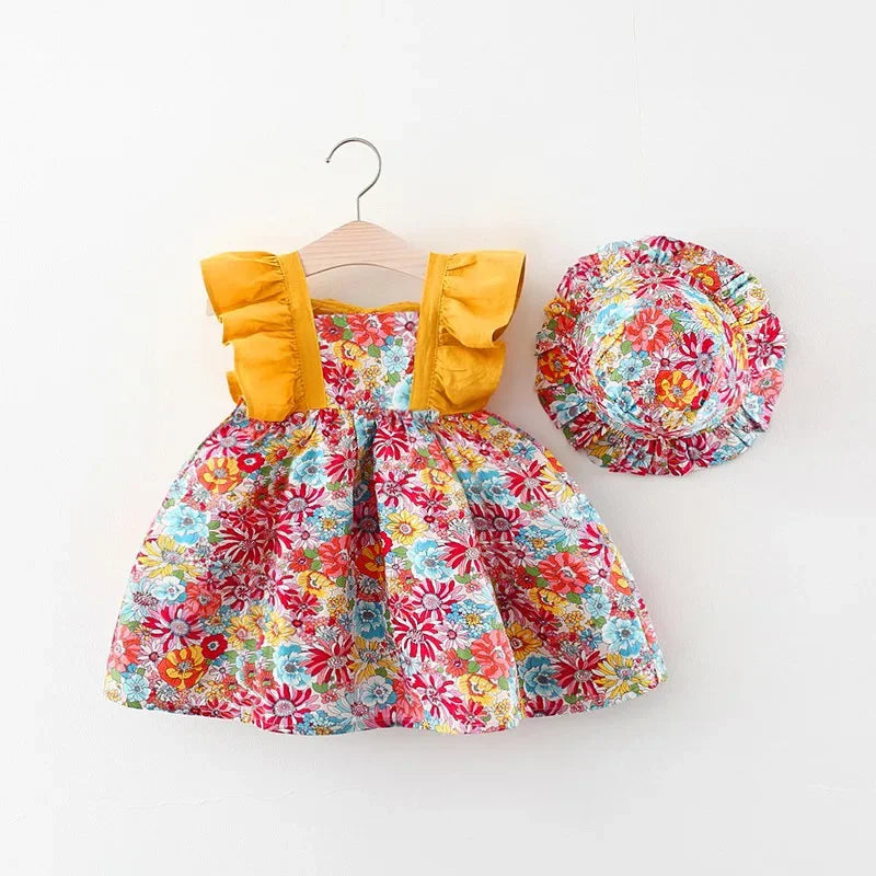Charming Baby Girl Floral Dress with Hat Set