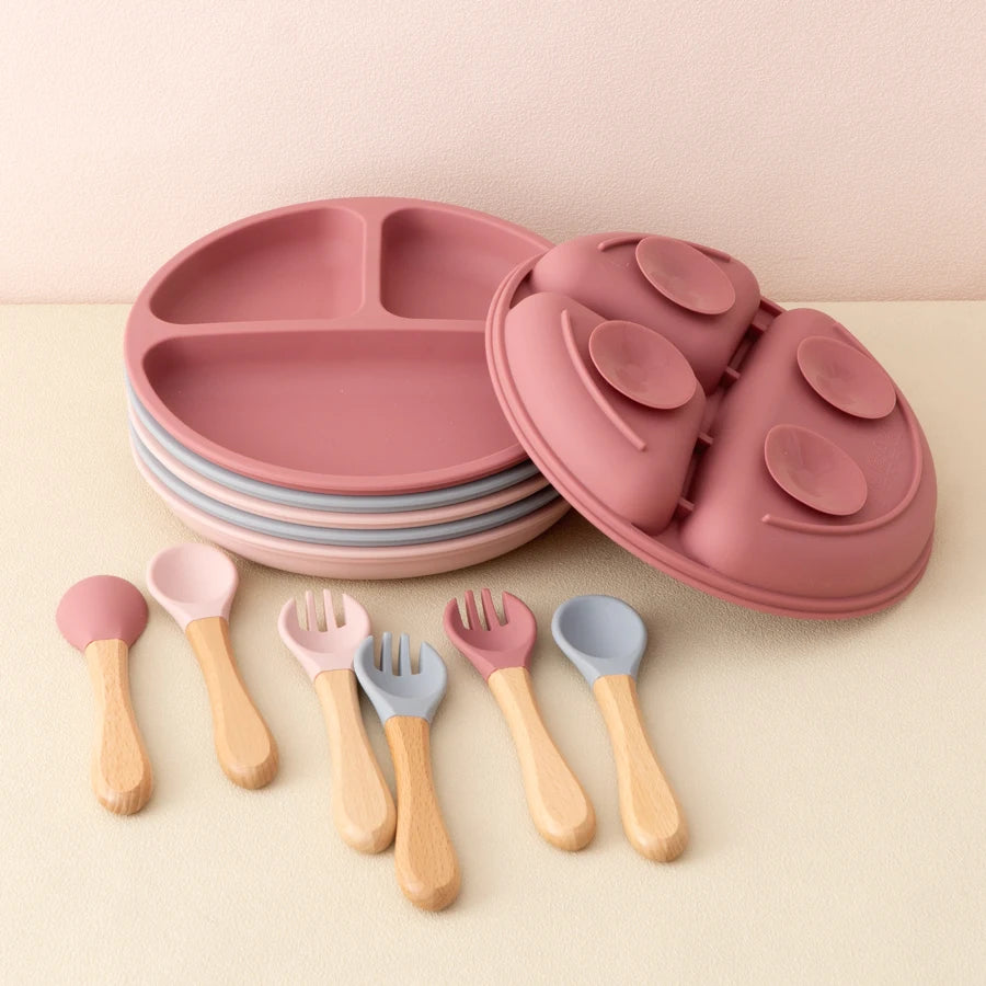 Baby silicone feeding set with Bowl, Spoon, Fork, Wooden Handles - Weaning and Learning Dishes for Children Tableware