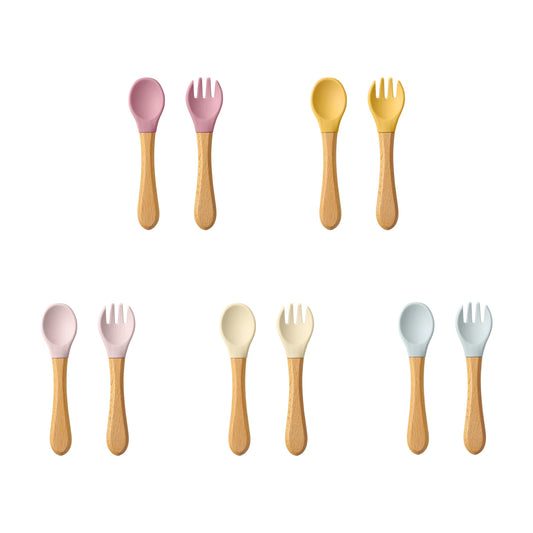 Silicone Baby Spoon & Fork Set - Baby First Stage Utensils for Weaning - Wooden Handle Baby Learning Dishes & Tableware