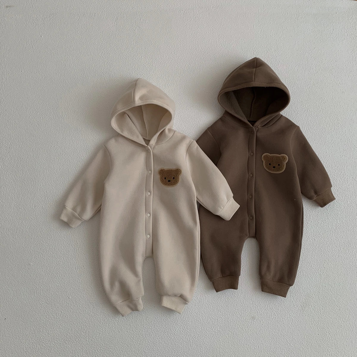 Adorable Baby Fleece Hooded Romper with Bear Patch