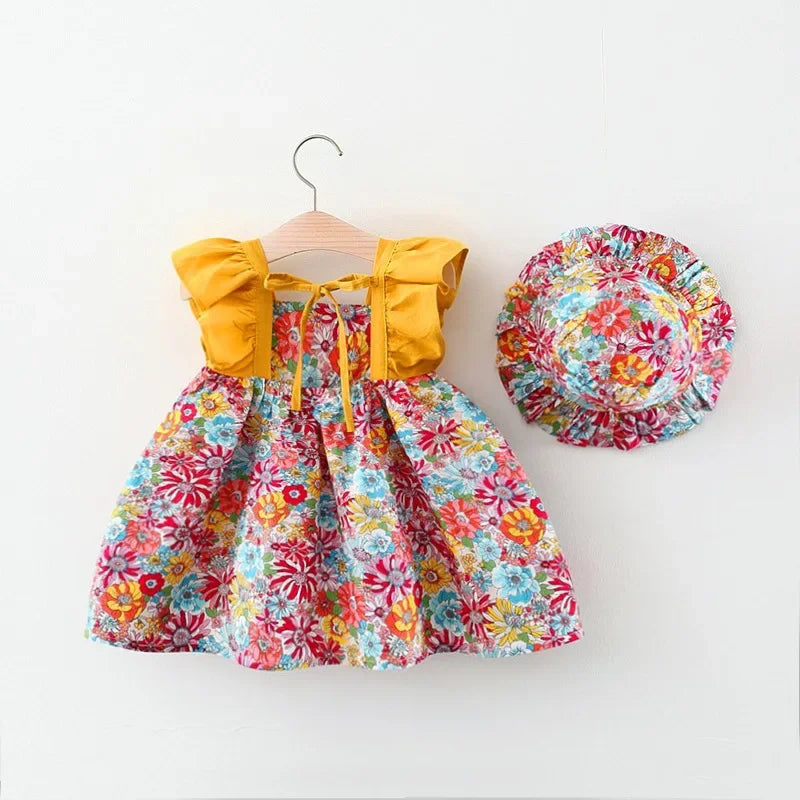 Charming Baby Girl Floral Dress with Hat Set