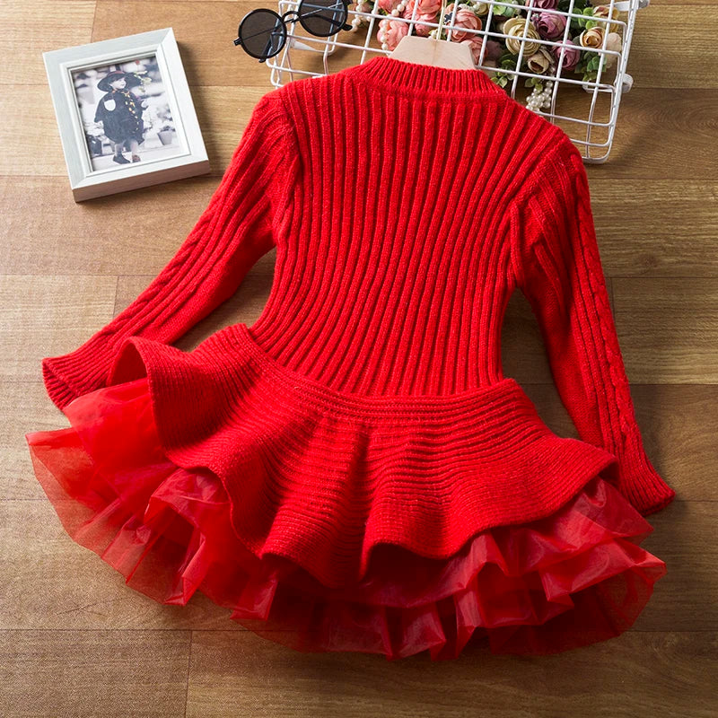 Elegant Baby Girl Red Knitted Dress with Tutu Skirt