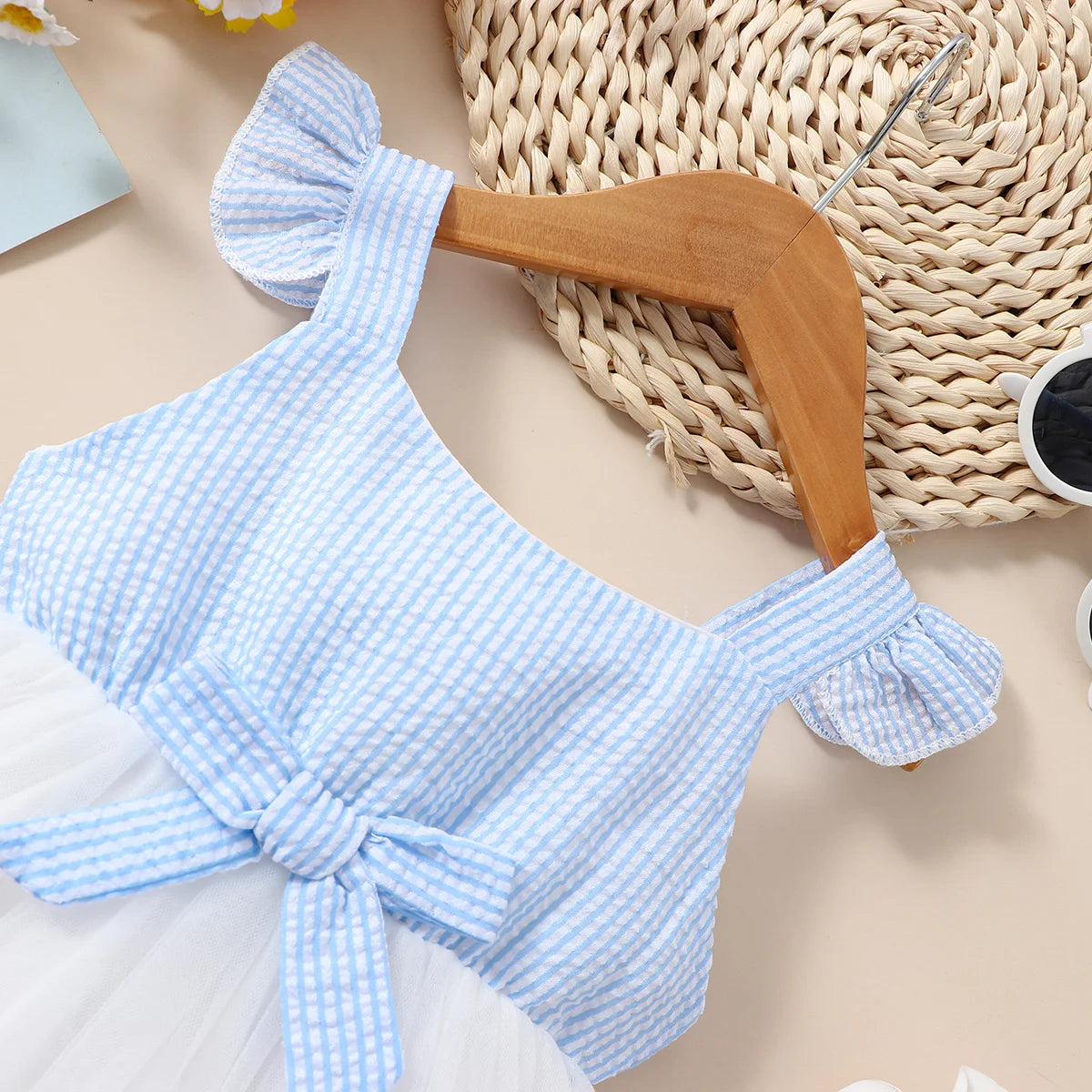 Stylish Girl Blue Striped Dress with Bow Detail for Summer