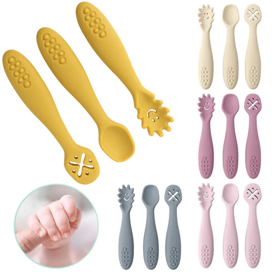 8-Color Silicone 3PCs Baby Spoon Fork Set – Self-Feeding, Baby Utensils, 6 Months and Up
