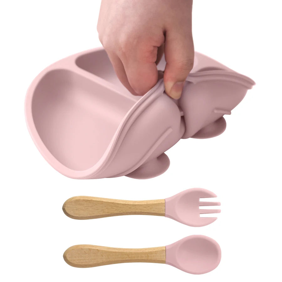 Baby silicone feeding set with Bowl, Spoon, Fork, Wooden Handles - Weaning and Learning Dishes for Children Tableware
