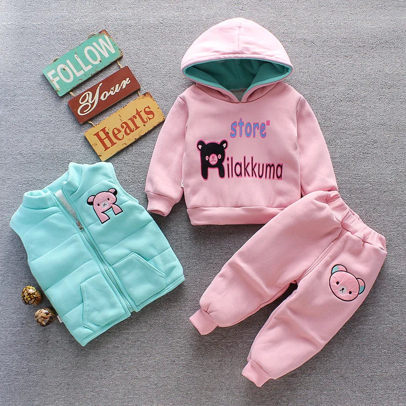 Yellow Autumn Winter Baby Boys Clothes Sets Thick Fleece Cartoon Bear Jacket Vest Pants 3Pcs Cotton Sport Suit For Girls Warm Outfits