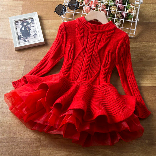 Girl Red Knitted Dress with Tutu Skirt