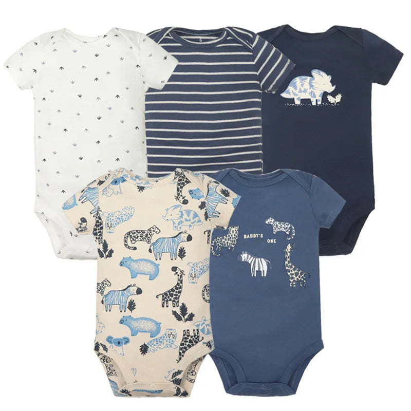 Baby 5 Pack 100% Cotton Romper Set - Striped and Dino Prints, Short Sleeves