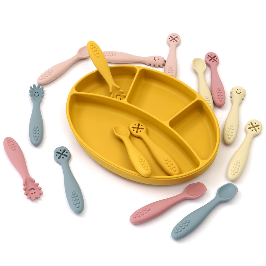 8-Color Silicone 3PCs Baby Spoon Fork Set – Self-Feeding, Baby Utensils, 6 Months and Up