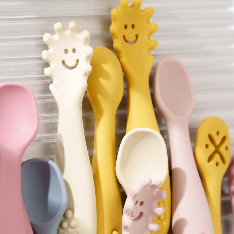8-Color Silicone 3PCs Baby Spoon Fork Set – Self-Feeding, Baby Utensils, 6 Months and Up