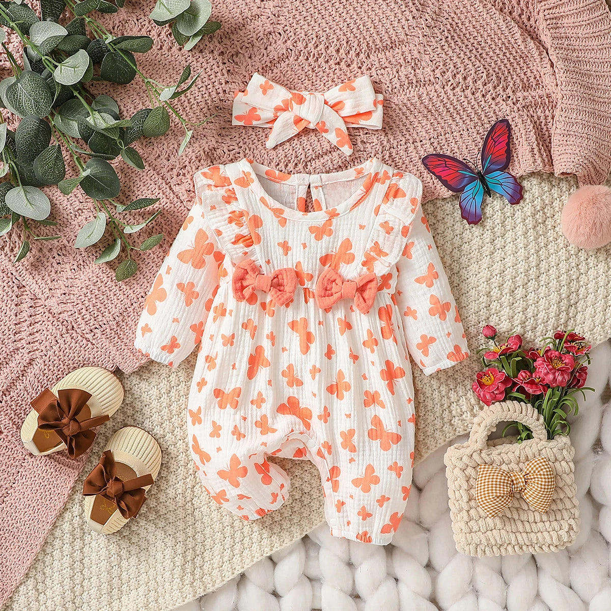 Chic Baby Girl Floral Romper with Headband Set