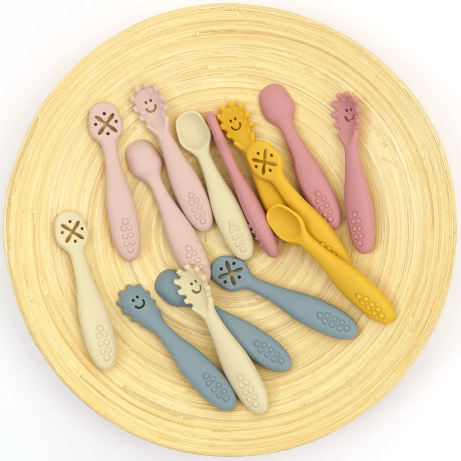 8-Color Silicone 3PCs Baby Spoon Fork Set – Self-Feeding, Baby Utensils, 6 Months and Up