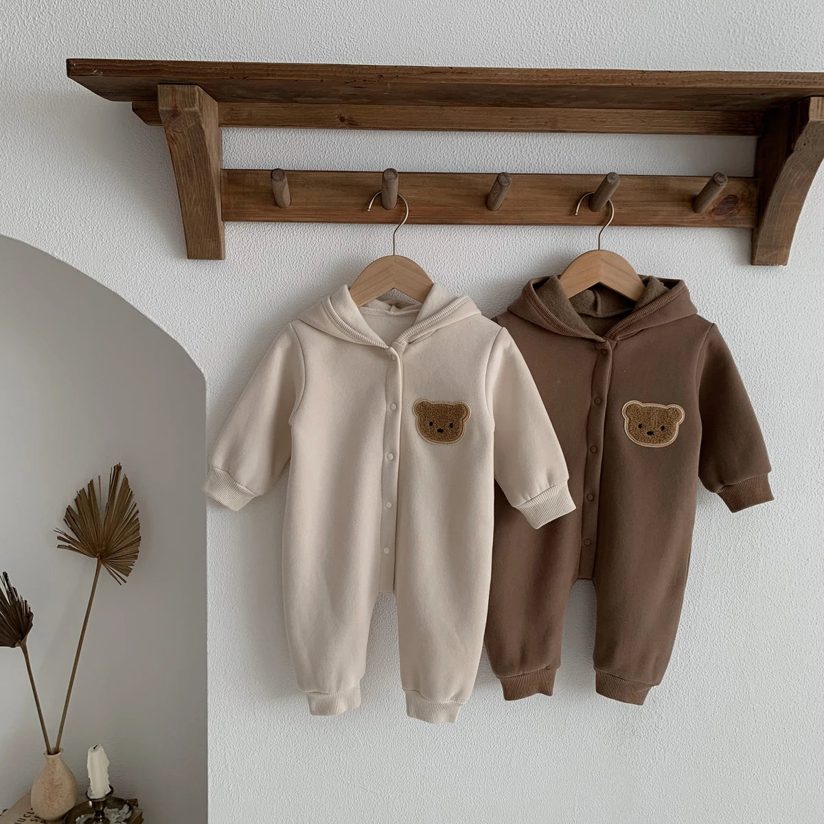 Adorable Baby Fleece Hooded Romper with Bear Patch