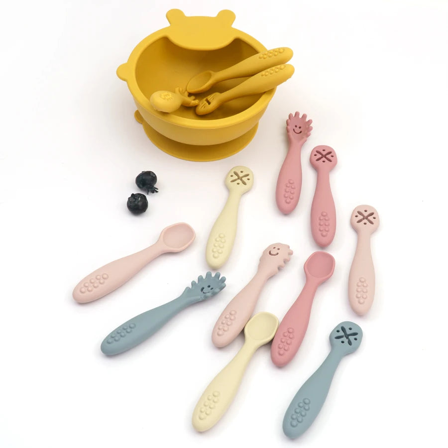 8-Color Silicone 3PCs Baby Spoon Fork Set – Self-Feeding, Baby Utensils, 6 Months and Up