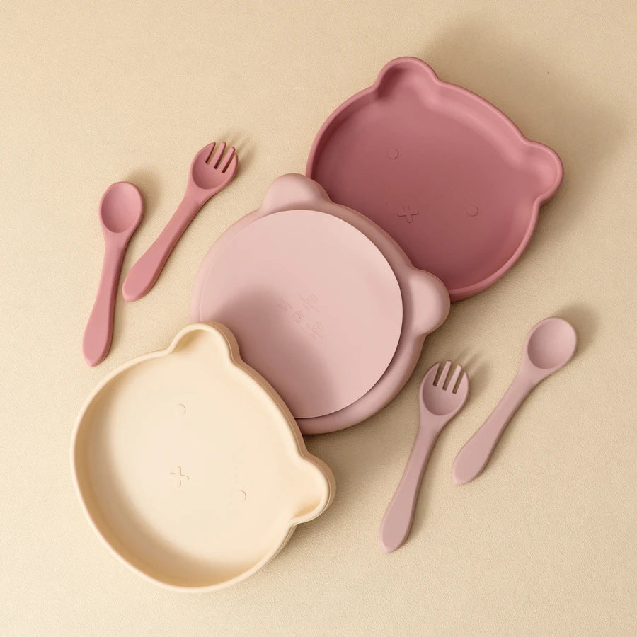 3Pcs Silicone Baby Feeding Set - First Feeding Set with Suction Bowl, Spoon & Fork - Baby Learning Dishes & Tableware