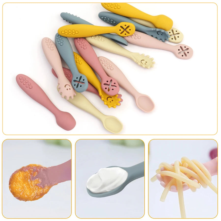 8-Color Silicone 3PCs Baby Spoon Fork Set – Self-Feeding, Baby Utensils, 6 Months and Up