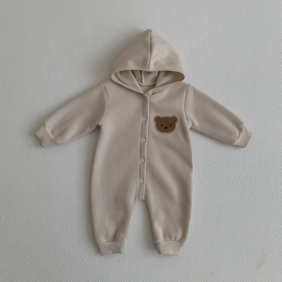 Adorable Baby Fleece Hooded Romper with Bear Patch