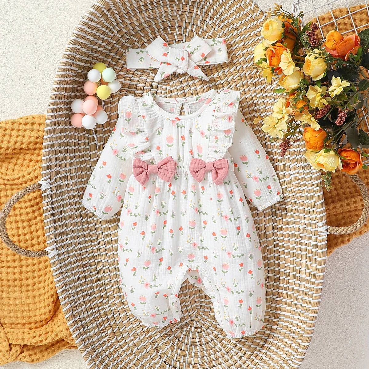 Baby Girl Floral Romper with Headband Set