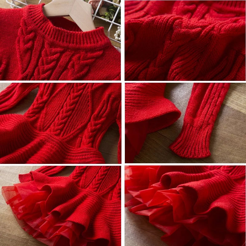 Elegant Baby Girl Red Knitted Dress with Tutu Skirt