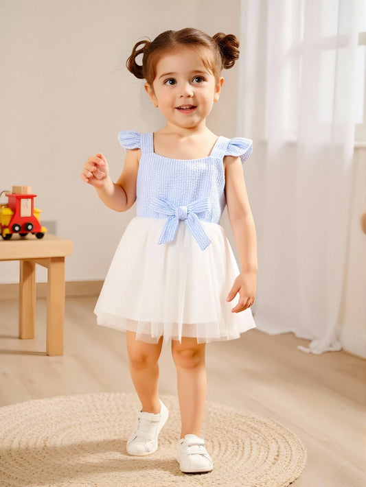 Stylish Girl Blue Striped Dress with Bow Detail for Summer