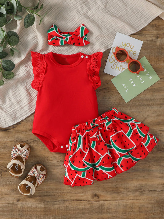 Vibrant Girls Red Summer Sleeveless Set with Skirt & Bow