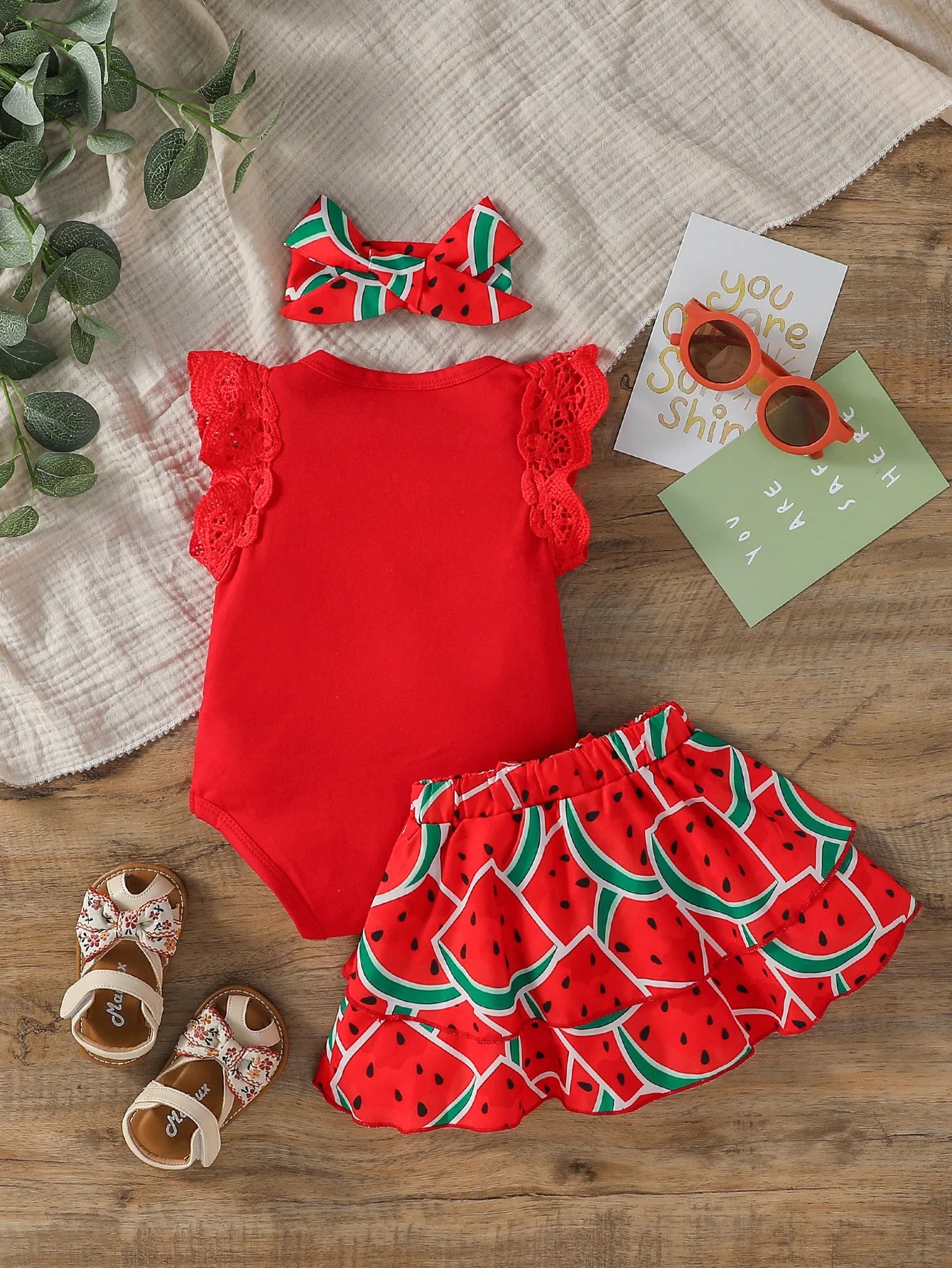Vibrant Girls Red Summer Sleeveless Set with Skirt & Bow