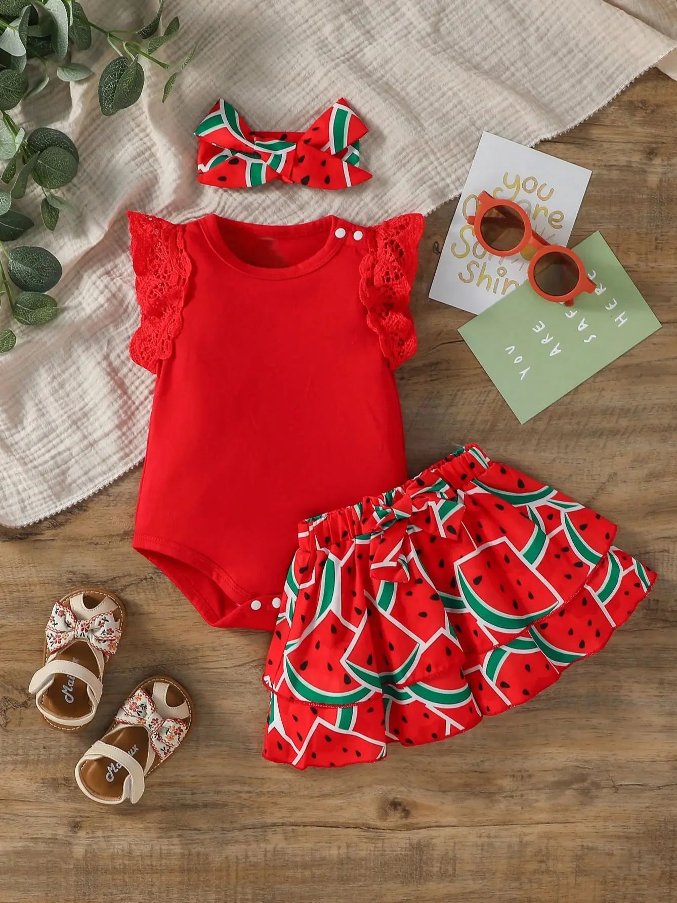 Vibrant Girls Red Summer Sleeveless Set with Skirt & Bow