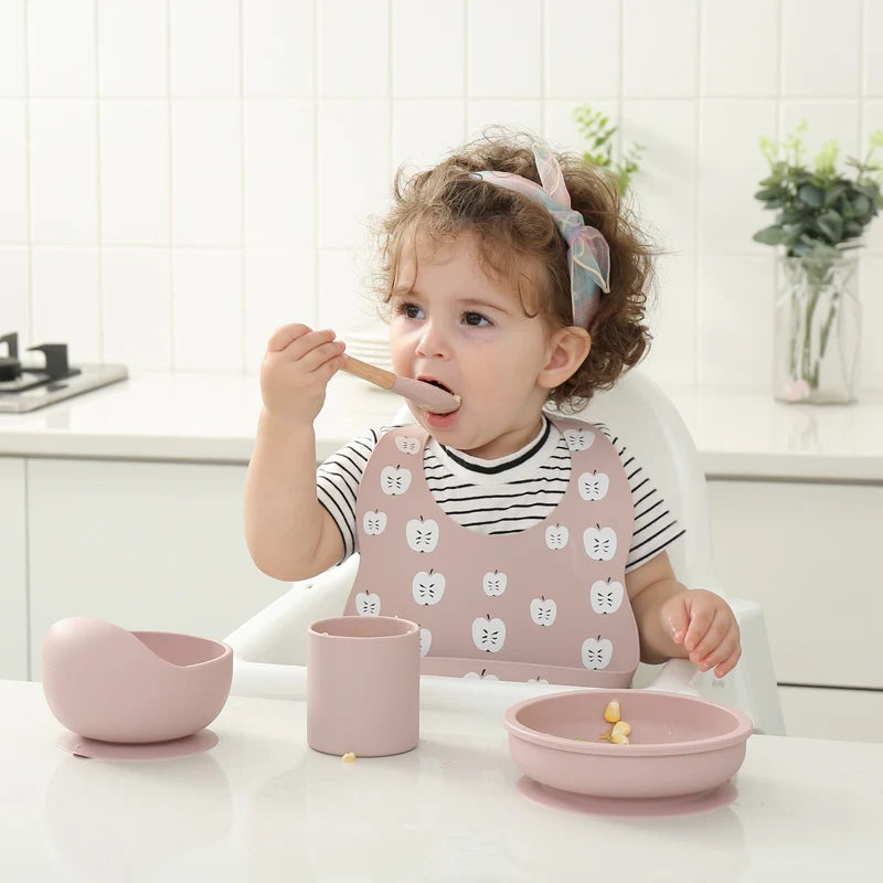 2PCS Baby Learning Spoons Utensils Set Food Grade Wooden Handle Silicone Spoon Fork Cutlery Training Spoon Feeding Tableware