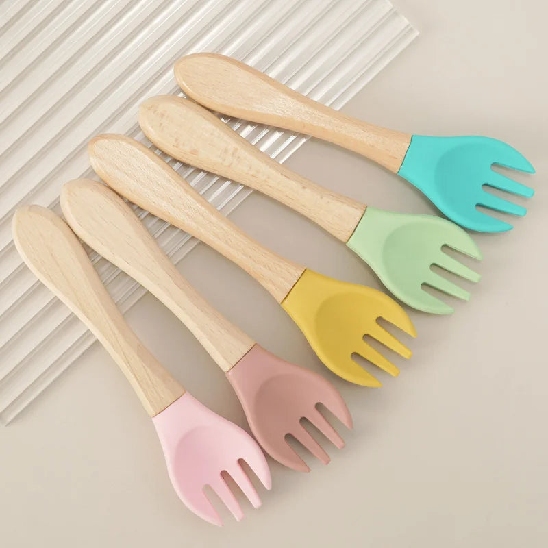 2PCS Baby Learning Spoons Utensils Set Food Grade Wooden Handle Silicone Spoon Fork Cutlery Training Spoon Feeding Tableware