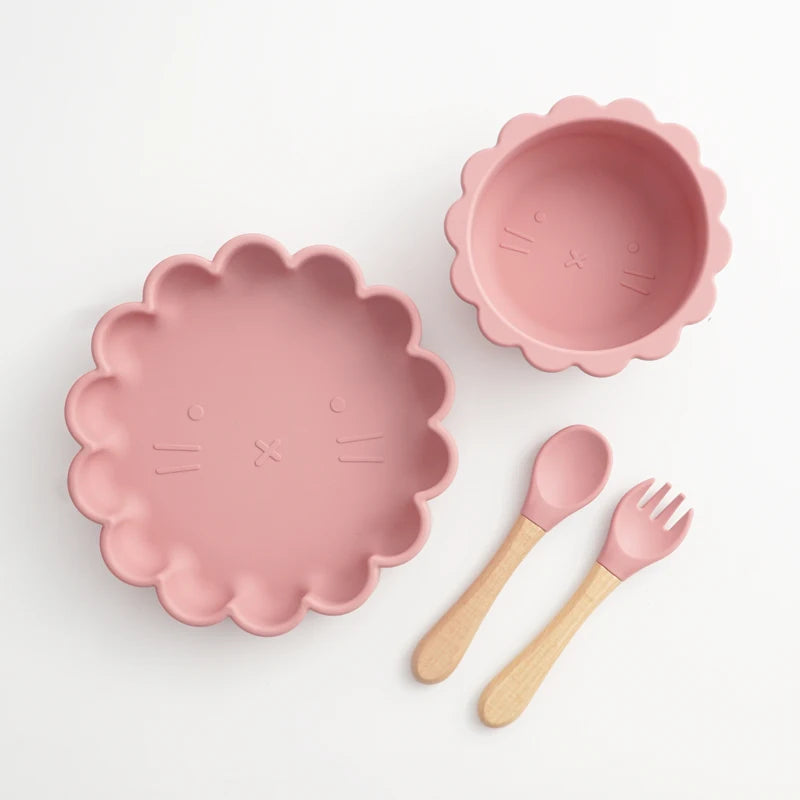 Baby food Silicone Set (Non-slip Dish & Bowl, Spoon and Fork)