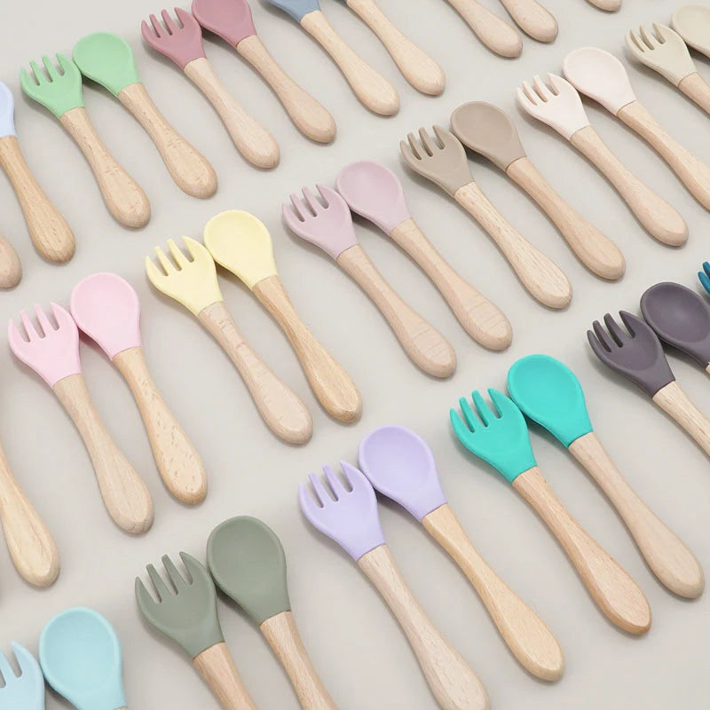 2PCS Baby Learning Spoons Utensils Set Food Grade Wooden Handle Silicone Spoon Fork Cutlery Training Spoon Feeding Tableware