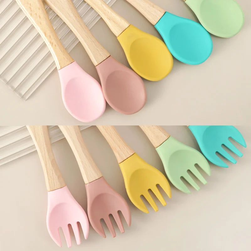 2PCS Baby Learning Spoons Utensils Set Food Grade Wooden Handle Silicone Spoon Fork Cutlery Training Spoon Feeding Tableware