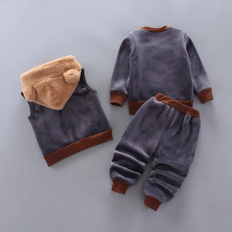 Yellow Autumn Winter Baby Boys Clothes Sets Thick Fleece Cartoon Bear Jacket Vest Pants 3Pcs Cotton Sport Suit For Girls Warm Outfits