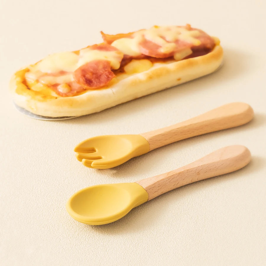 2PCS Baby Learning Spoons Utensils Set Food Grade Wooden Handle Silicone Spoon Fork Cutlery Training Spoon Feeding Tableware